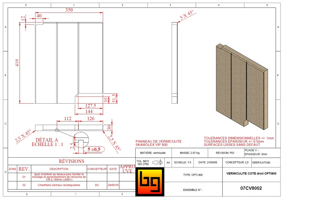 SKAMOLEX 350 x 419 x30 mm COTÉ DROITE opti800