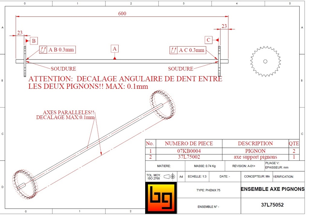 ENSEMBLE AXE PIGNONS PHENIX 75