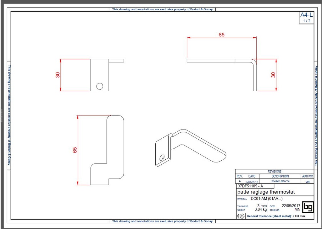 PATTE REGLAGE THERMOSTAT CONCEPT 540,540V,690 DF et SF