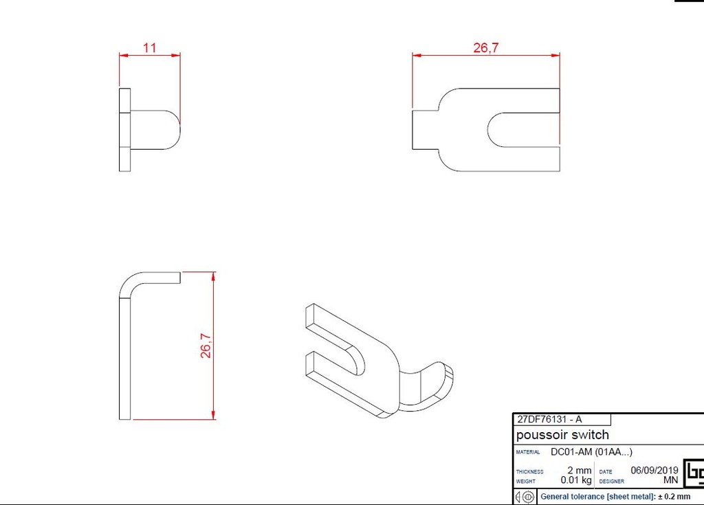 POUSSOIR SWITCH CONCEPT DF et SF/EASY  ZINGUE NOIR
