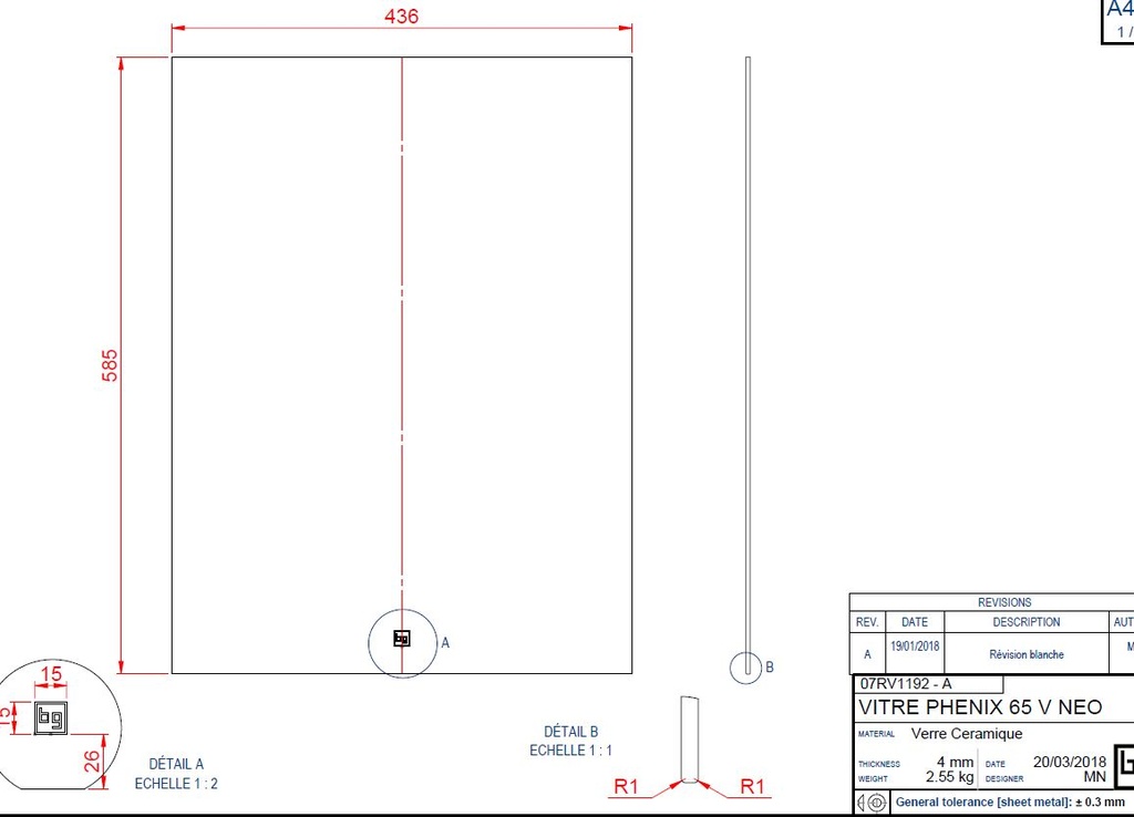VITRE CERAMIQUE PHENIX 65 V NEO 585 X 436 X 4 MM