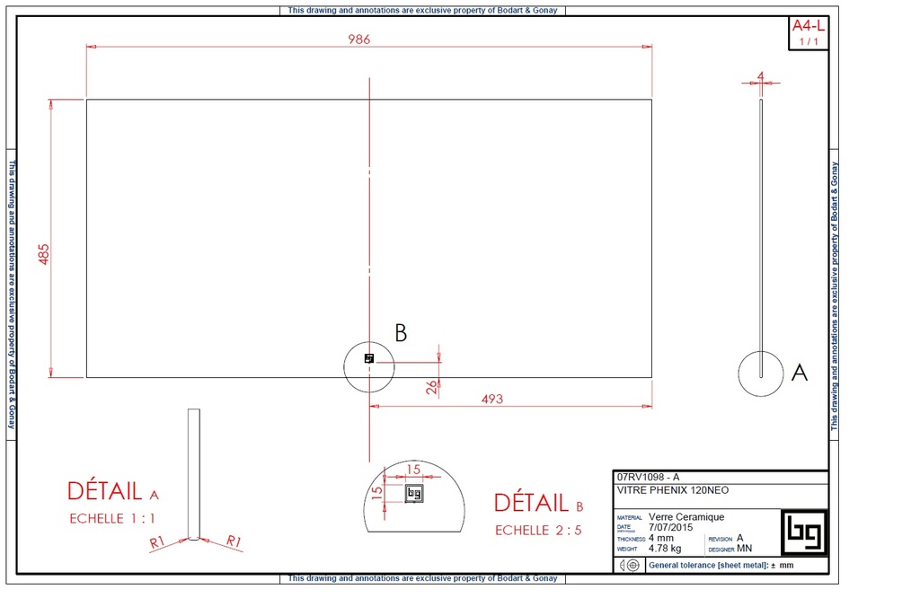 VITRE CERAMIQUE PHENIX 120 NEO 986 X 485 X 4 MM