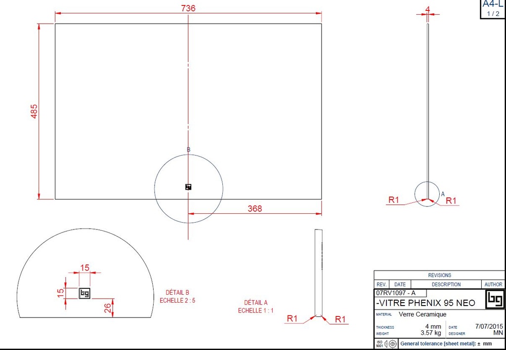 VITRE CERAMIQUE PHENIX 95 NEO 736 x 485 x 4MM