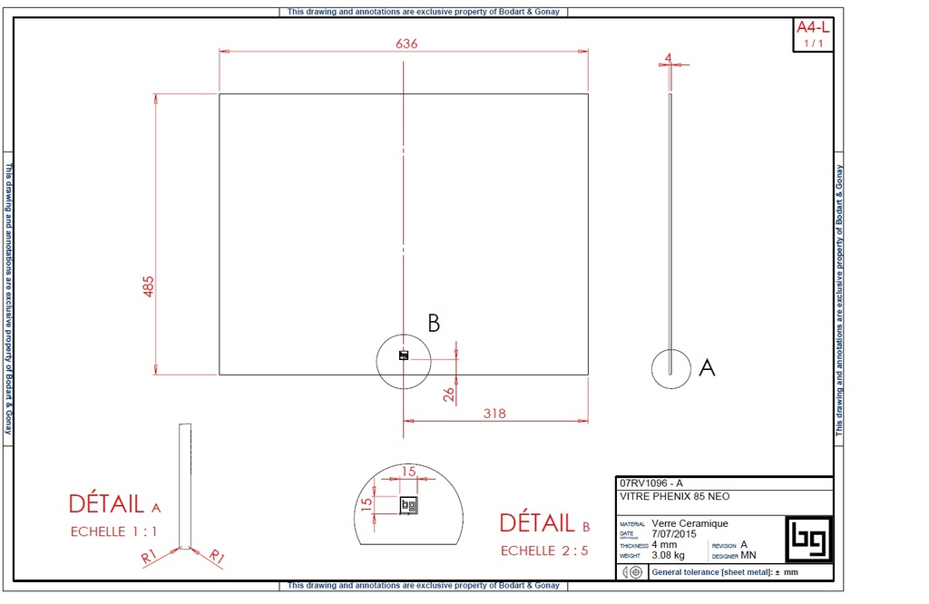 VITRE CERAMIQUE PHENIX 85 NEO 636 X 485 X 4MM