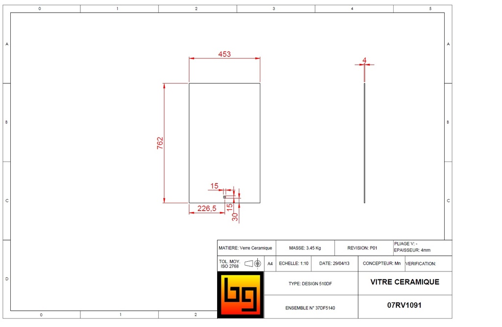 VITRE CERAMIQUE CONCEPT 510V+DFV 453x762x4mm