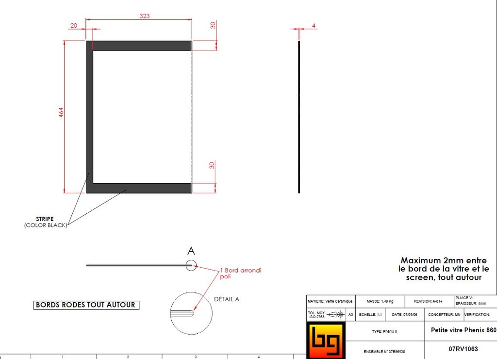 VITRE CERAM phenix 860 CENTRAL 323x464  ép 4mm