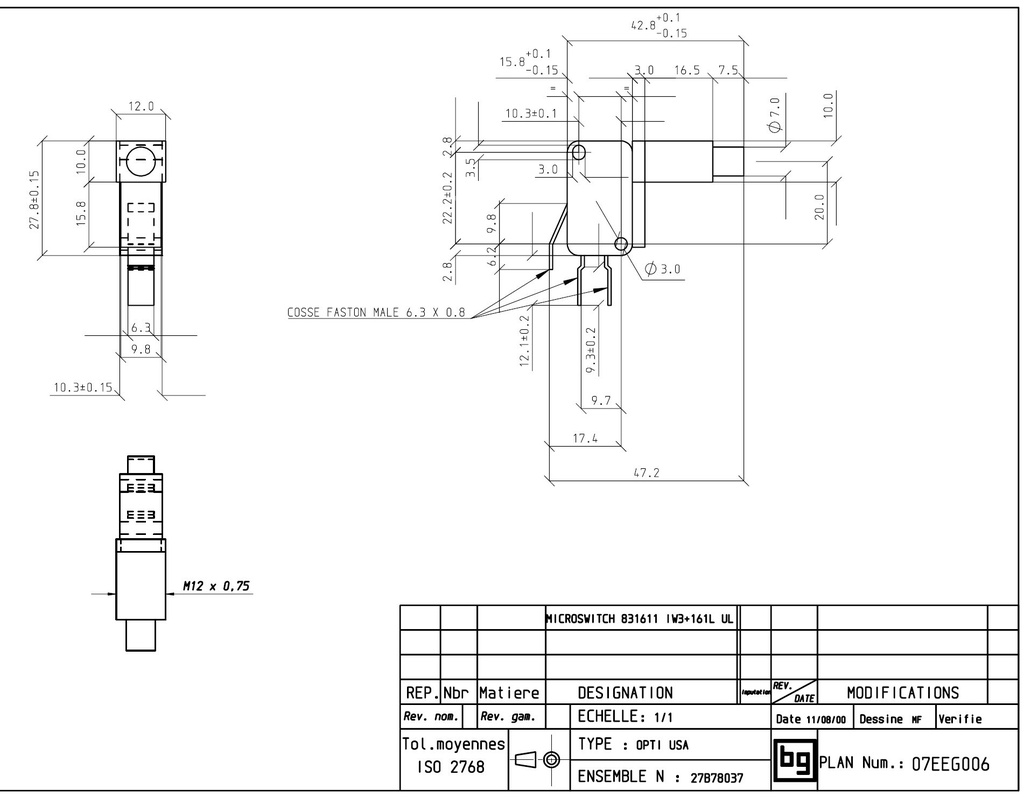 MICROSWITCH 831611 I W3 UL 161L (SANS écrou)