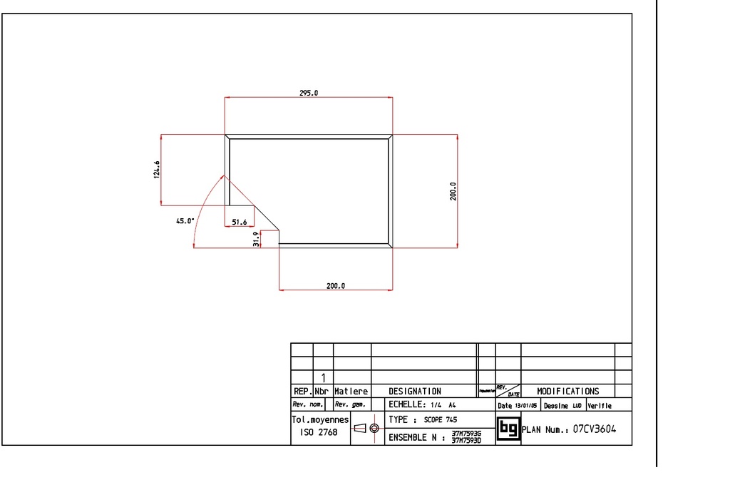 VERMIC 295x200x30 (37M75D13) chanfr.+decoupe à GAUCHE