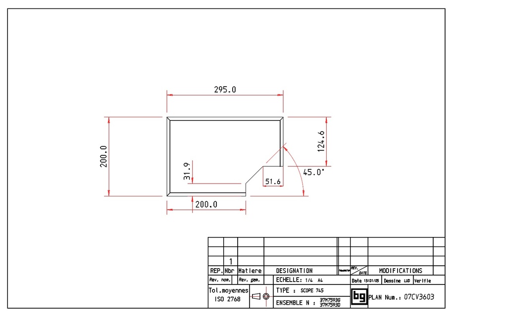VERMIC. 295x200x30 (37M75G13) chanfr.+decoupe à DROITE