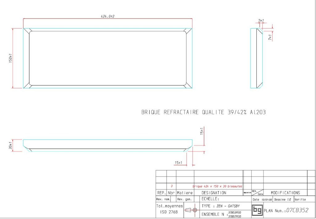 BRIQUE 425X150X30 BISEAUT.39/42% AL2O3