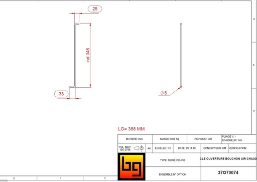 [37O70074] °CLE OUVERTURE BOUCHON AIR CHAUD SERIE 700