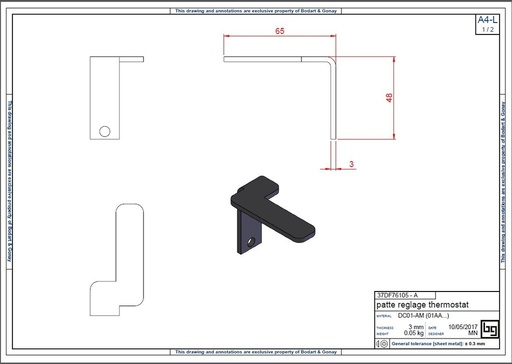 [37DF76105] PATTE REGLAGE THERMOSTAT CONCEPT 790,920,DF et SF