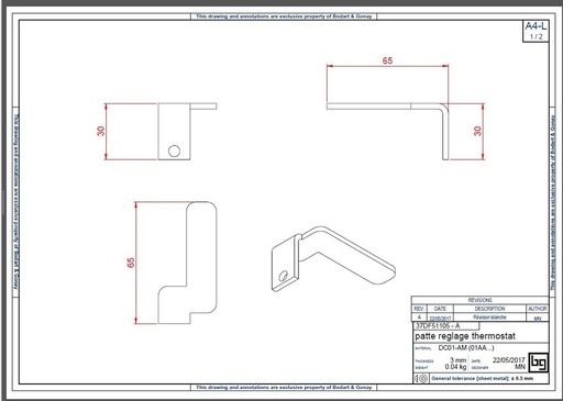 [37DF51105] PATTE REGLAGE THERMOSTAT CONCEPT 540,540V,690 DF et SF