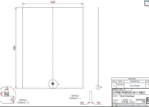 [07RV1192] VITRE CERAMIQUE PHENIX 65 V NEO 585 X 436 X 4 MM