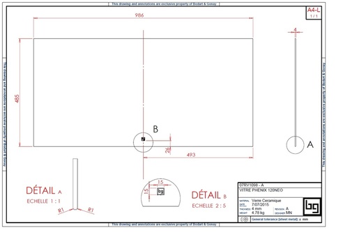 [07RV1098] VITRE CERAMIQUE PHENIX 120 NEO 986 X 485 X 4 MM