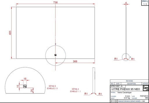 [07RV1097] VITRE CERAMIQUE PHENIX 95 NEO 736 x 485 x 4MM