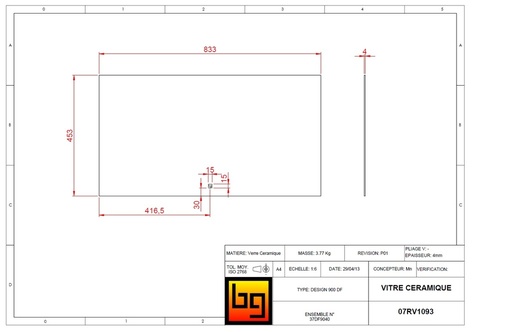 [07RV1093] VITRE CERAMIQUE CONCEPT 900+DF 453x833x4mm