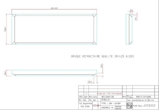 [07CB352] BRIQUE 425X150X30 BISEAUT.39/42% AL2O3
